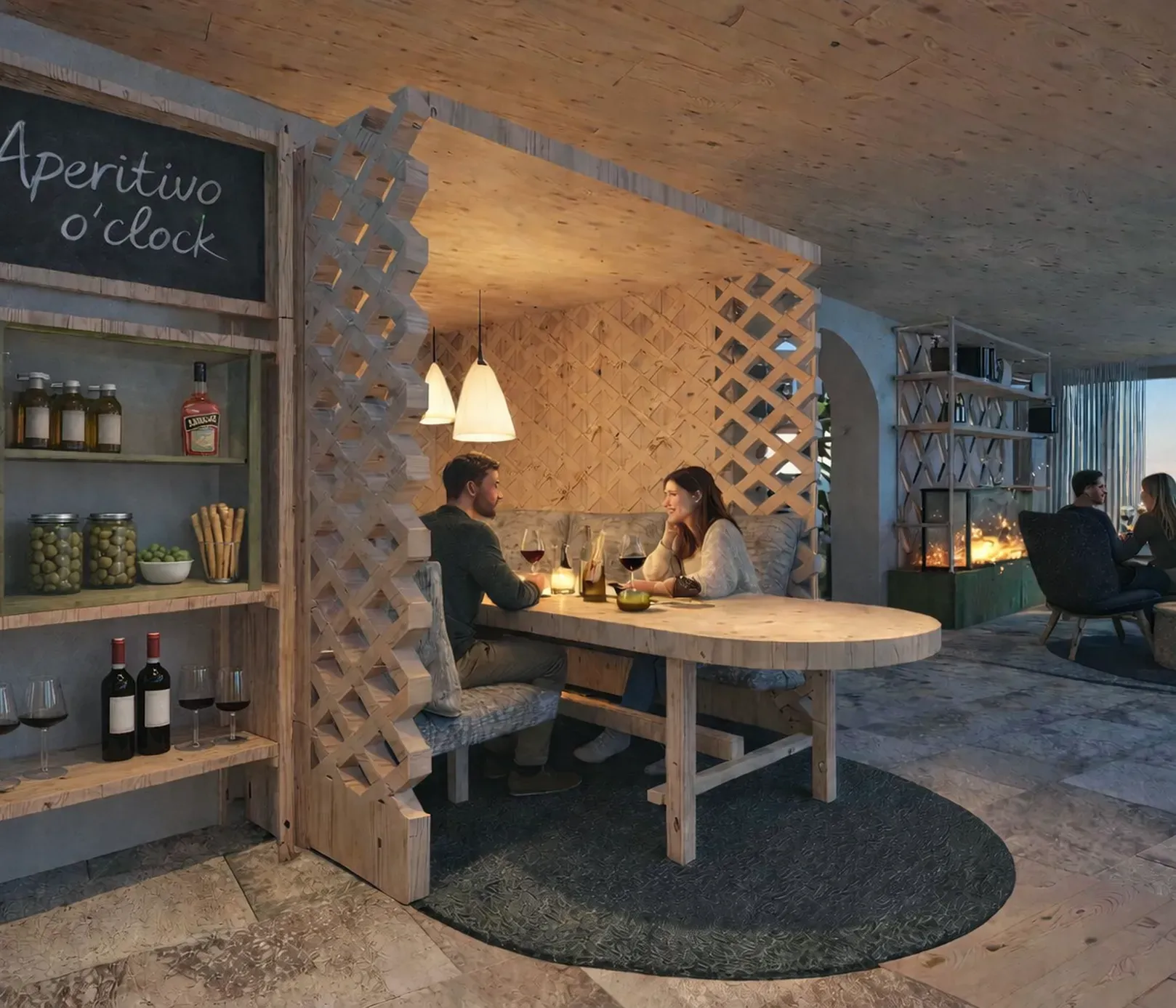 Cozy lounge with wooden decor and warm lighting. A couple sits at a table enjoying drinks. Nearby, a sign reads "Aperitivo o'clock."