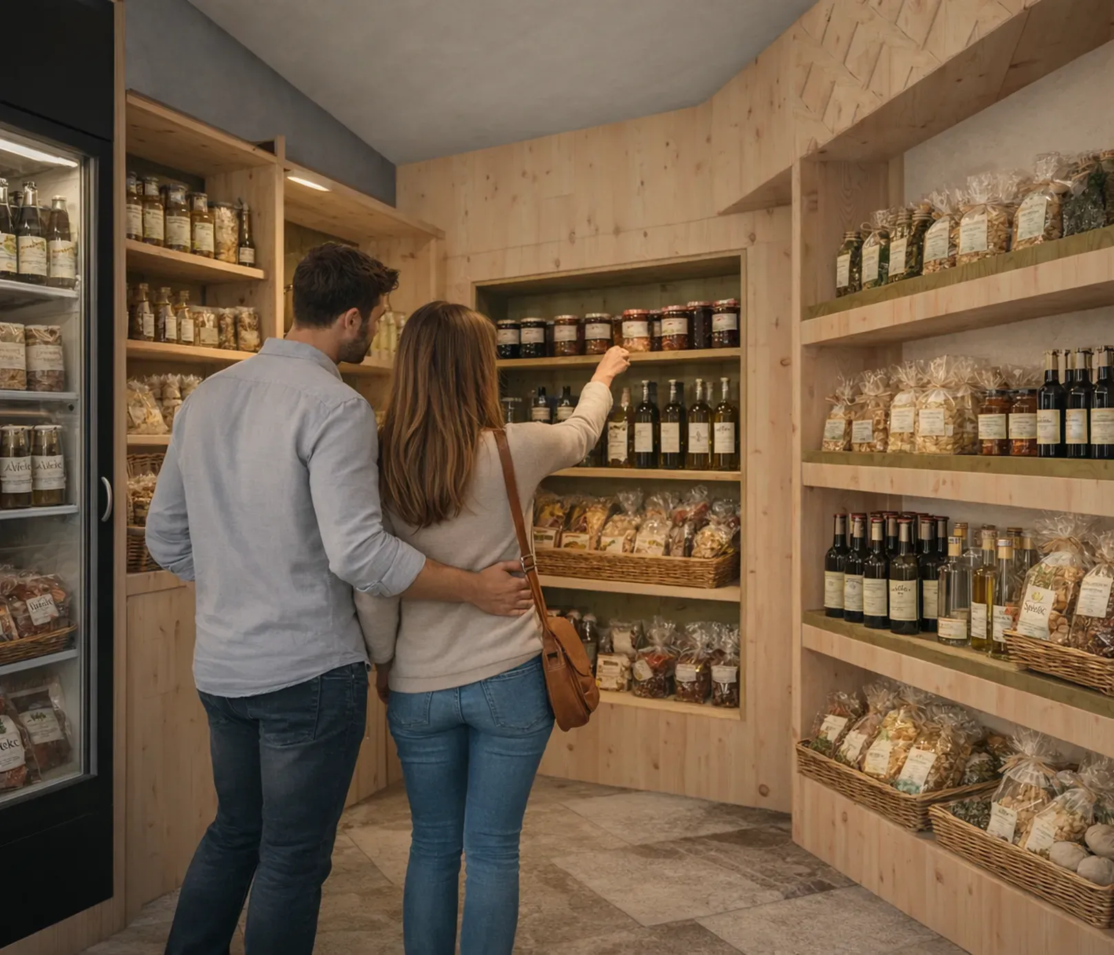 A couple stands in a cozy wooden shop, browsing shelves filled with jars, bottles, and packaged goods. The atmosphere is warm and inviting, suggesting a quaint market.