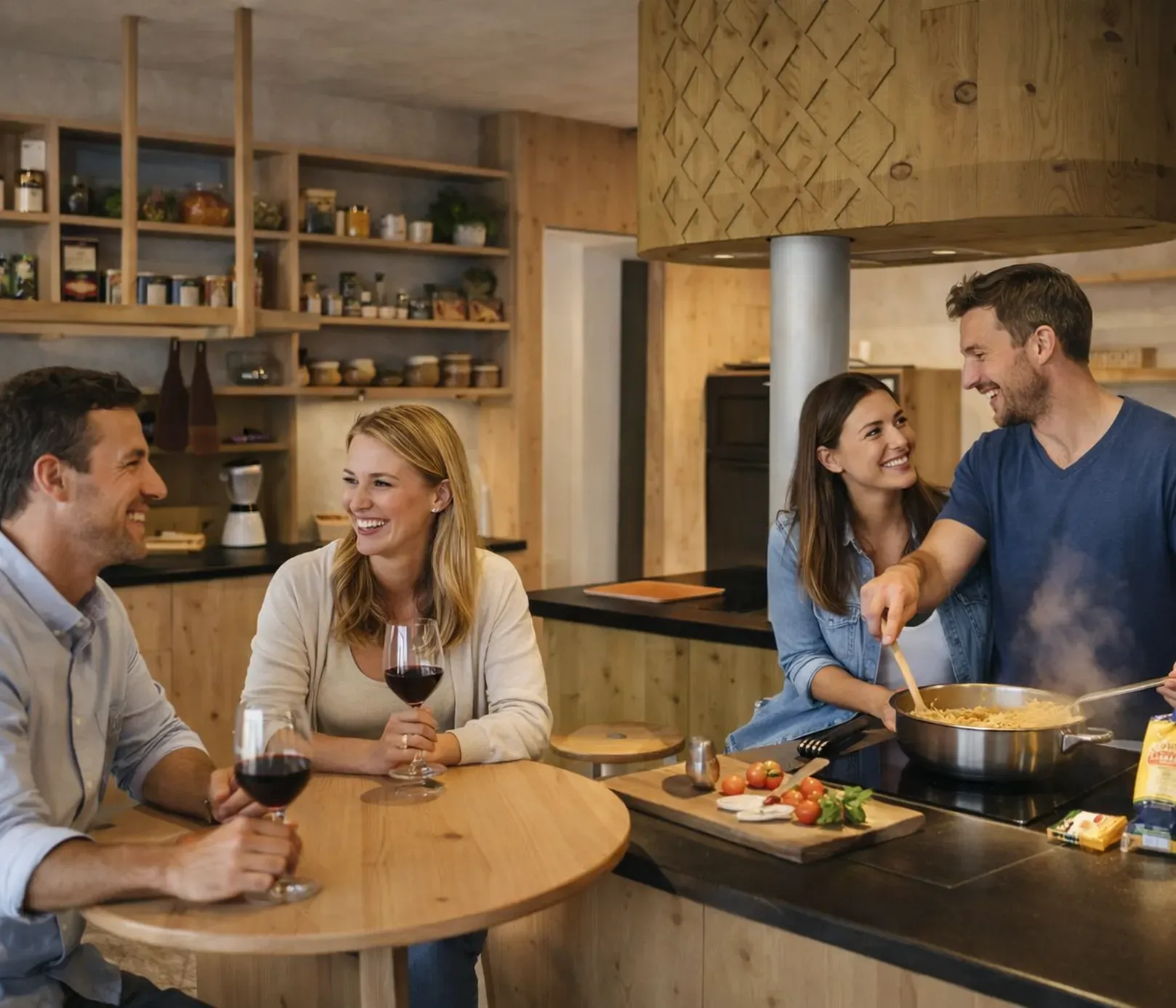 A cheerful group of four friends enjoy cooking in a warm, rustic kitchen. Two hold glasses of red wine, while another stirs pasta on the stove.