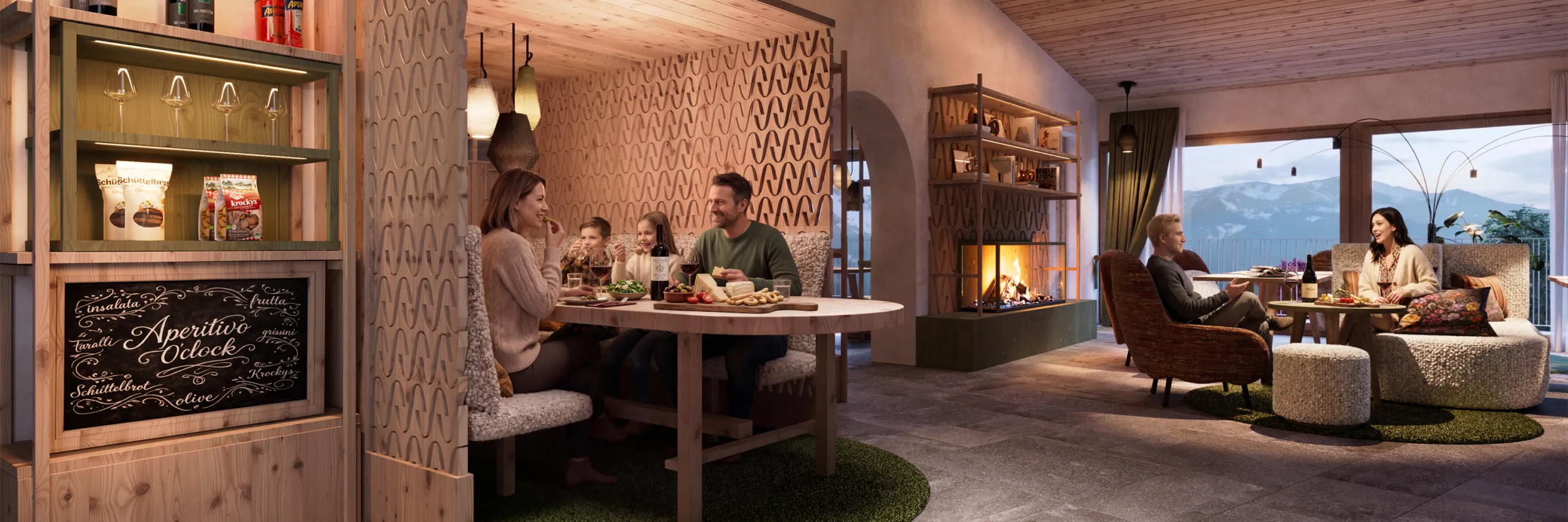 Cozy restaurant with wooden decor and soft lighting. Two groups enjoy meals at wooden tables on circular green carpets. A warm, inviting atmosphere.