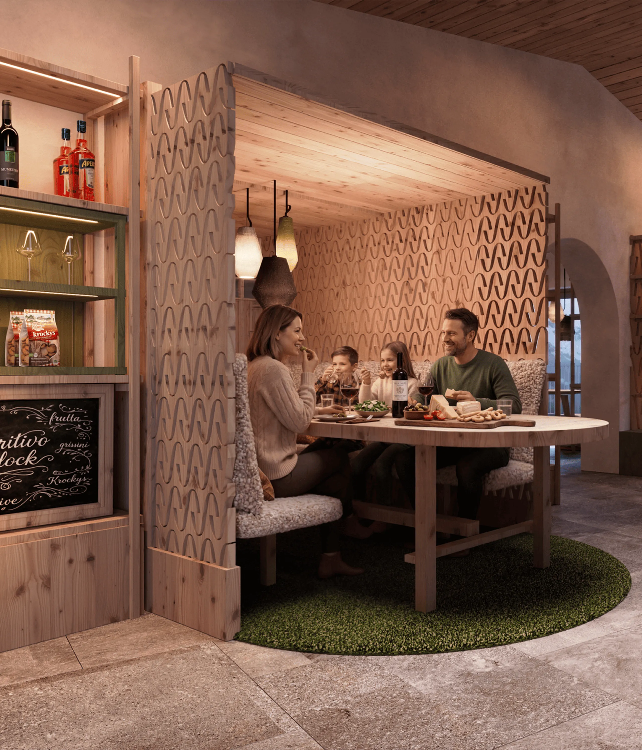 Gemütliches Restaurant mit Holzdekor und sanfter Beleuchtung. Zwei Gruppen genießen Mahlzeiten an Holztischen auf runden grünen Teppichen. Eine warme, einladende Atmosphäre.