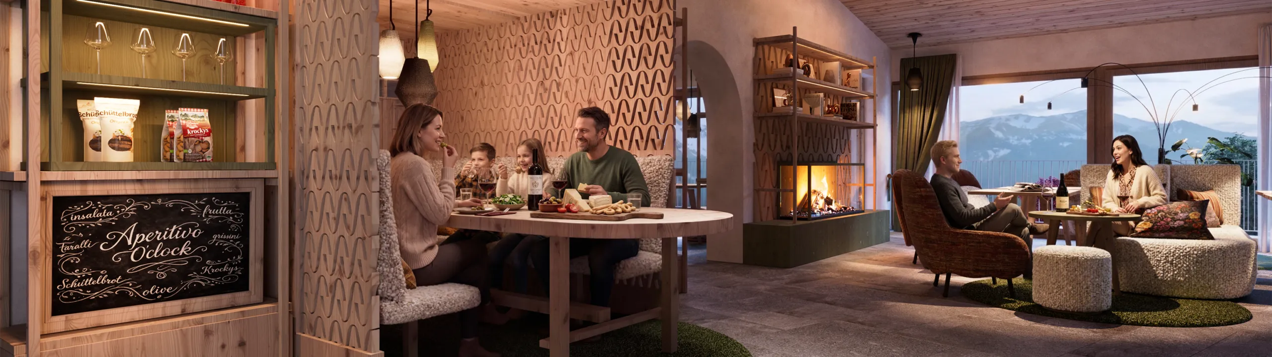 Gemütliches Restaurant mit Holzdekor und sanfter Beleuchtung. Zwei Gruppen genießen Mahlzeiten an Holztischen auf runden grünen Teppichen. Eine warme, einladende Atmosphäre.