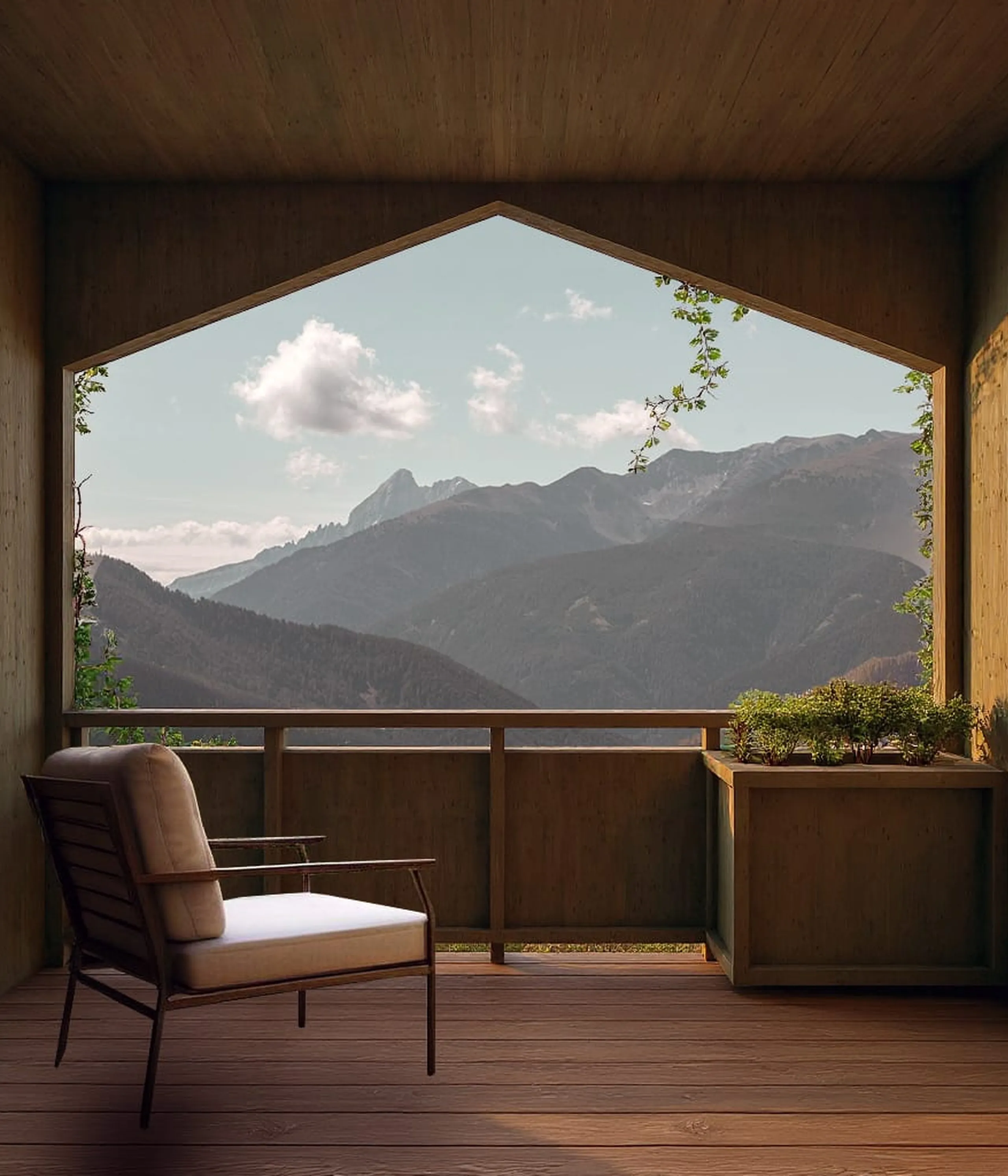 Gemütlicher Holzbalkon mit einem gepolsterten Stuhl, Topfpflanzen und malerischem Bergblick unter klarem Himmel mit flauschigen Wolken, der Ruhe vermittelt.