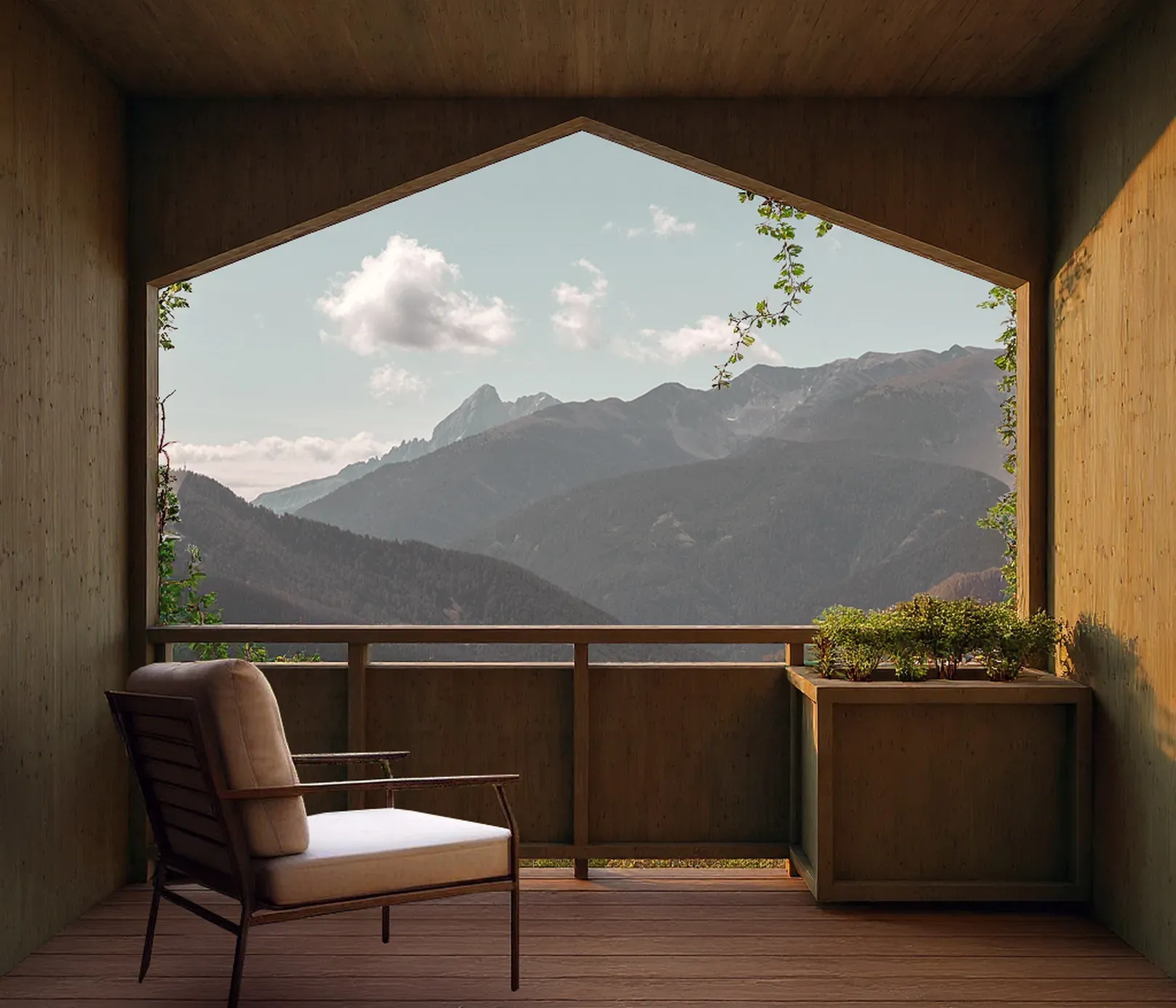 A cozy wooden balcony with a single cushioned chair, potted plants, and scenic mountain views under a clear sky with fluffy clouds, conveying tranquility.