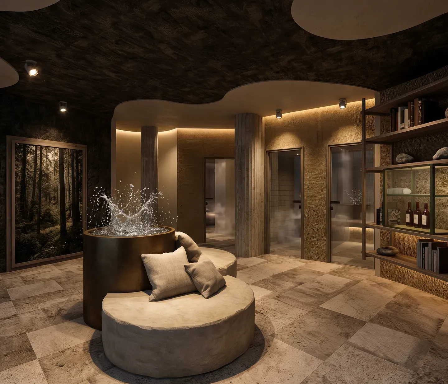 Luxurious lounge with circular seating and cushions around a water feature. Elegant lighting, textured walls, and a shelf with books and decor create a serene ambiance.