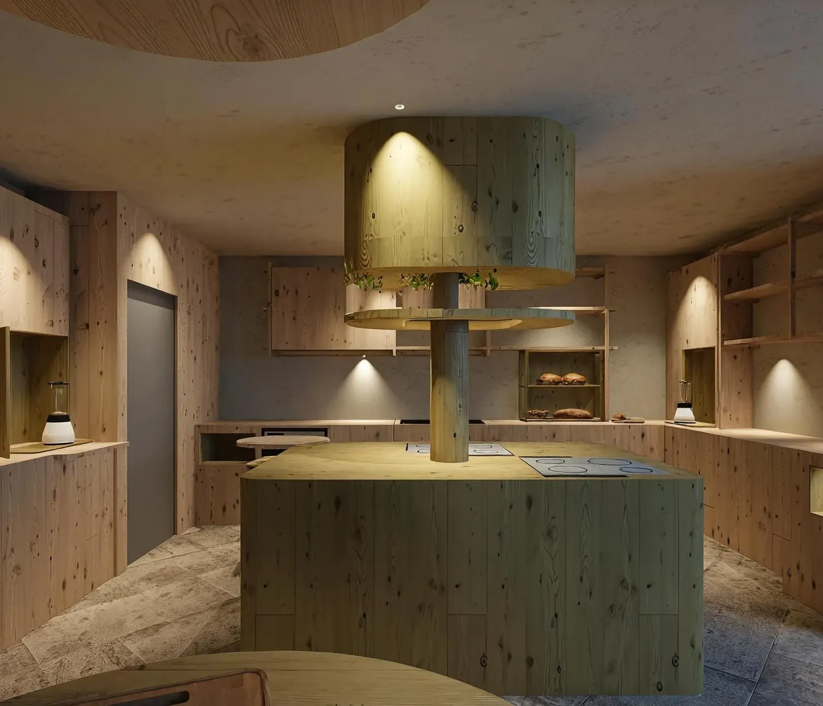 A modern kitchen with wooden cabinets and a central island. Warm, ambient lighting creates a cozy, inviting atmosphere. Shelves are neatly arranged.