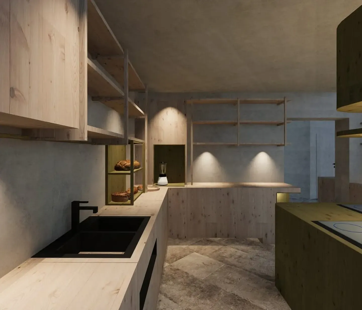 Modern kitchen interior with light wood cabinets, open shelves, black sink, and stovetop. Soft lighting creates a warm, inviting atmosphere.