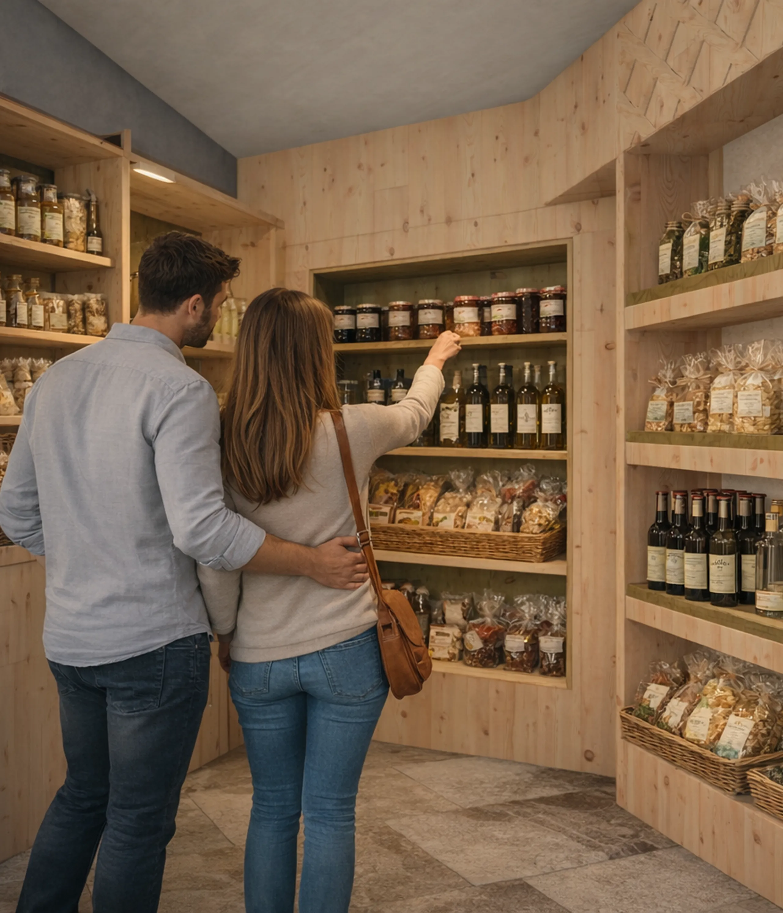 A couple stands in a cozy wooden shop, browsing shelves filled with jars, bottles, and packaged goods. The atmosphere is warm and inviting, suggesting a quaint market.