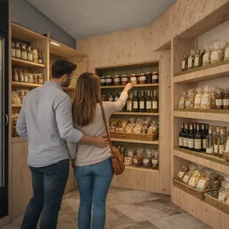 A couple stands in a cozy wooden shop, browsing shelves filled with jars, bottles, and packaged goods. The atmosphere is warm and inviting, suggesting a quaint market.