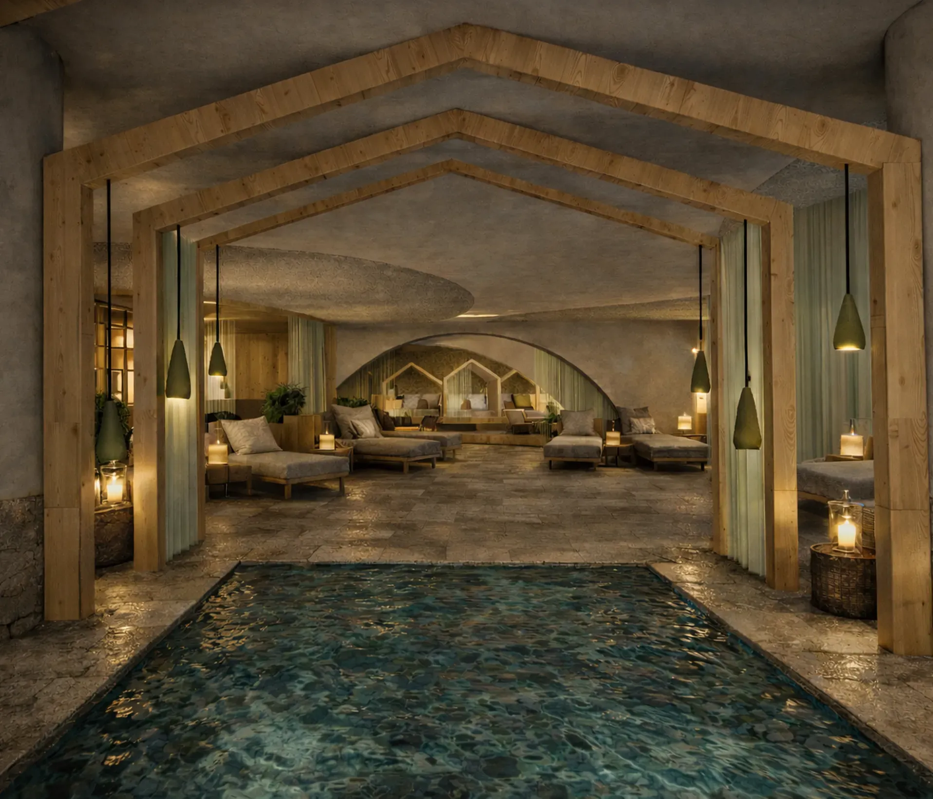 Luxurious spa interior with a serene pool, warm lighting, wooden arches, and plush lounge chairs. The ambiance is calming and inviting.