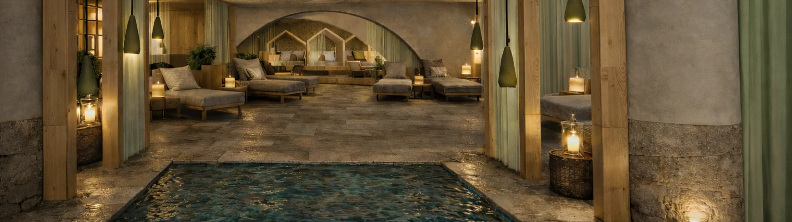Luxurious spa interior with a serene pool, warm lighting, wooden arches, and plush lounge chairs. The ambiance is calming and inviting.