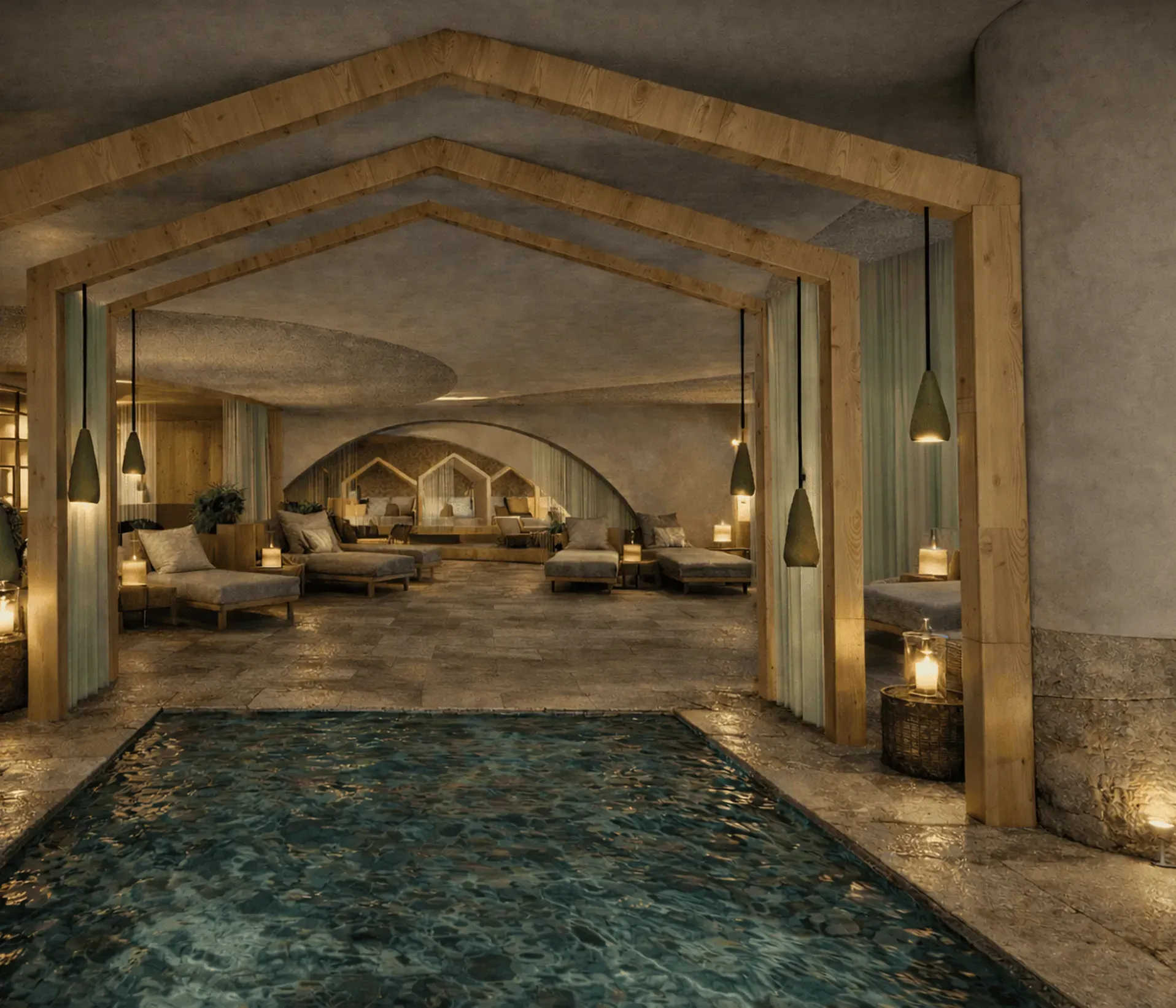 Luxurious spa interior with a serene pool, warm lighting, wooden arches, and plush lounge chairs. The ambiance is calming and inviting.