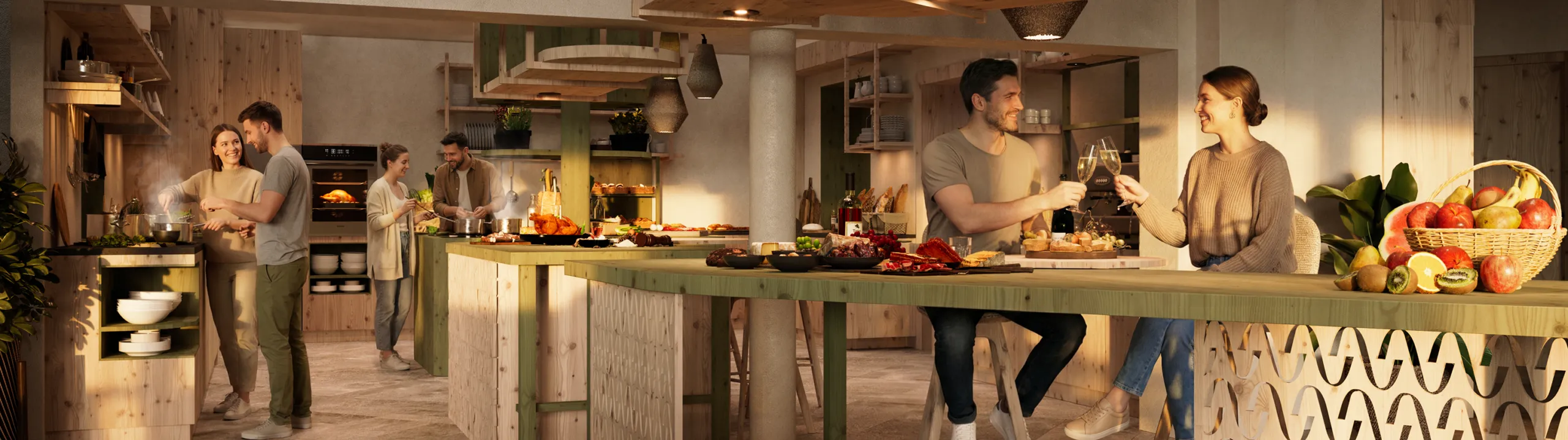 Couples socialize in a warm, inviting kitchen with wood accents. They prepare food, share drinks, and enjoy a cozy, intimate atmosphere filled with conversation.