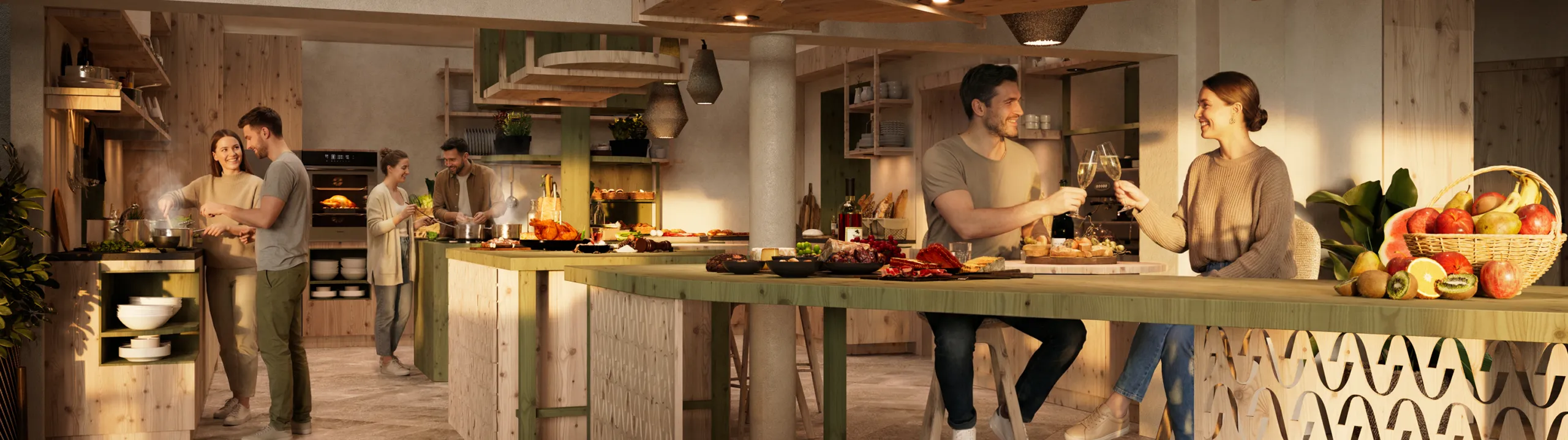 Couples socialize in a warm, inviting kitchen with wood accents. They prepare food, share drinks, and enjoy a cozy, intimate atmosphere filled with conversation.