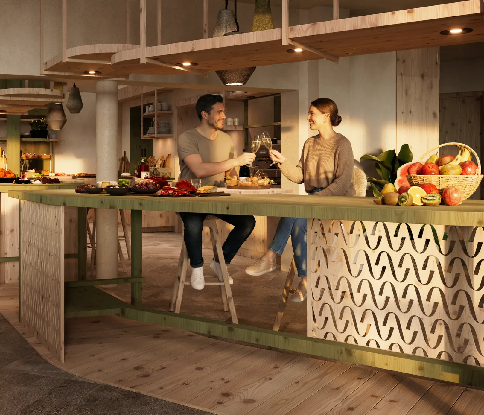Paare unterhalten sich in einer warmen, einladenden Küche mit Holzakzenten. Sie bereiten Essen zu, teilen Getränke und genießen eine gemütliche, intime Atmosphäre voller Gespräche.
