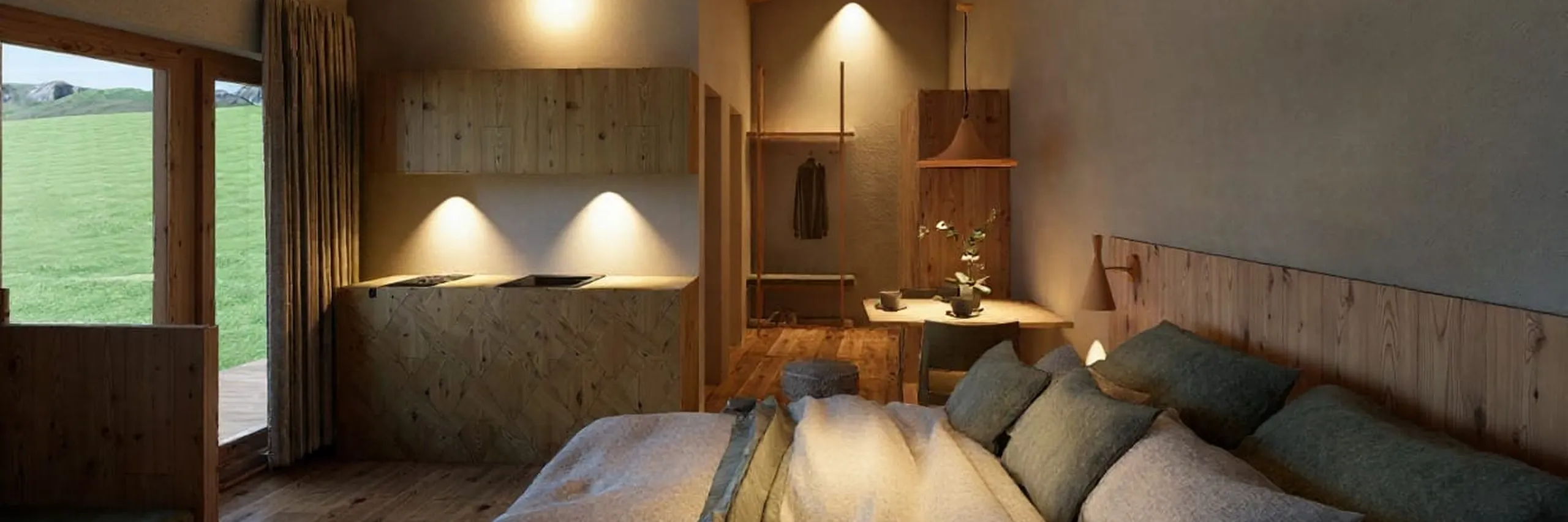 Cozy wooden bedroom with slanted ceiling, soft lighting, and modern decor. Features a bed with pillows, small kitchenette, and large windows overlooking green fields.