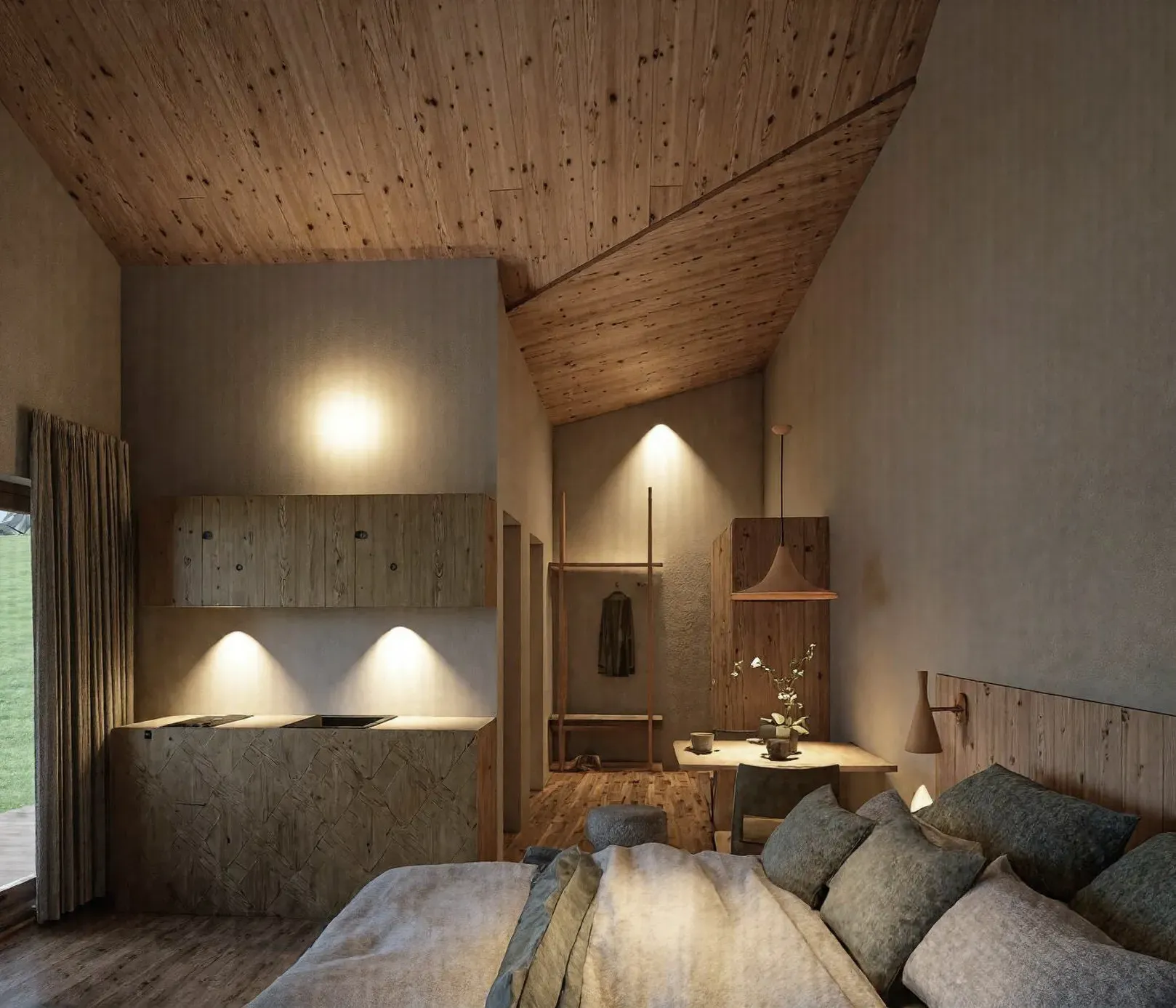 Cozy wooden bedroom with slanted ceiling, soft lighting, and modern decor. Features a bed with pillows, small kitchenette, and large windows overlooking green fields.