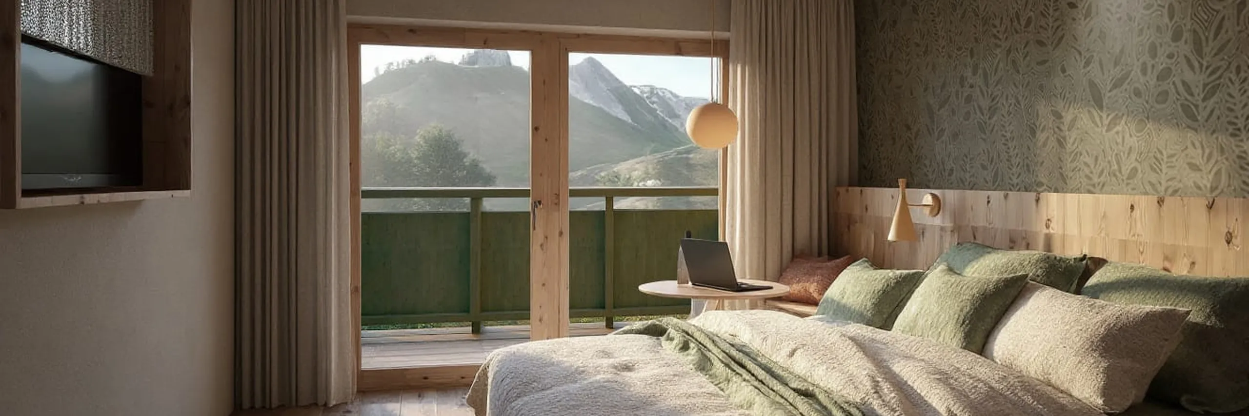Cozy bedroom with a large bed covered in green and beige linens. A laptop on a small table by the balcony overlooks mountains. Soft lighting, wooden decor.